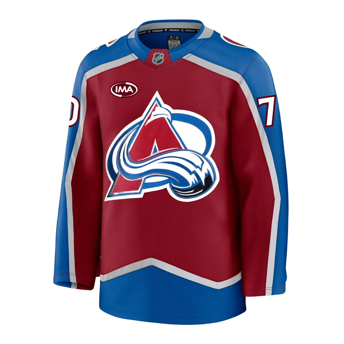 Front view of a home Colorado Avalanche hockey jersey in burgundy and blue with  silver accents, featuring the primary A-logo on the front, an burgundy and white IMA sponsorship patch on the chest, and the number 70 on the sleeves.