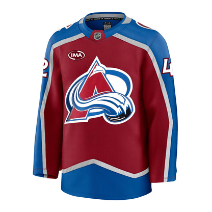 Front view of a home Colorado Avalanche hockey jersey in burgundy and blue with  silver accents, featuring the primary A-logo on the front, an burgundy and white IMA sponsorship patch on the chest, and the number 42 on the sleeves.