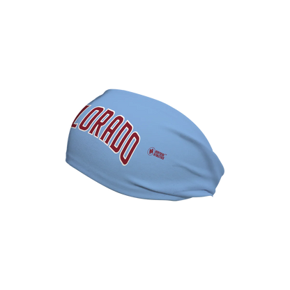 Left view of Light Blue cooling headband with text COLORADO in burgundy with white trim