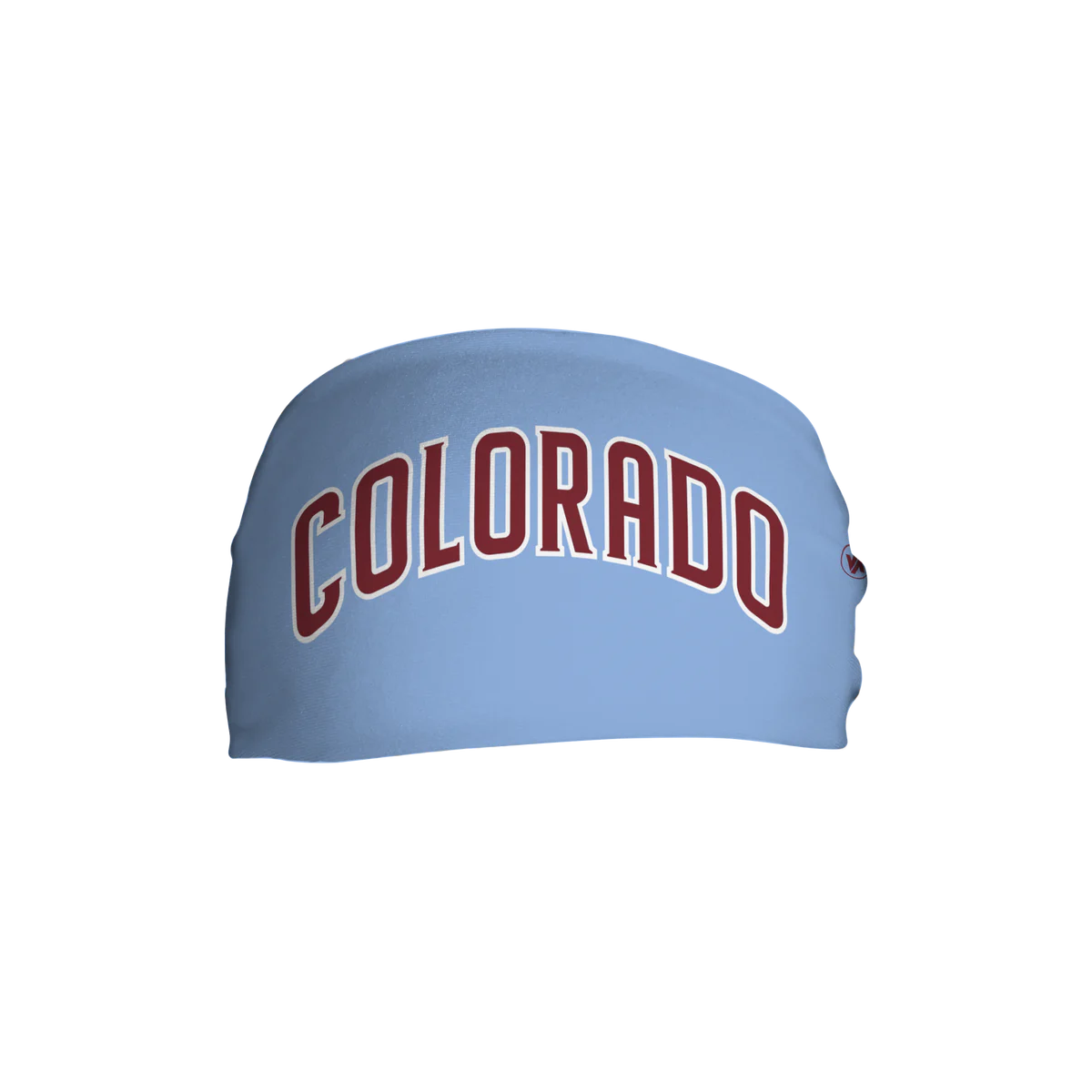 Front view of Light Blue cooling headband with text COLORADO in burgundy with white trim