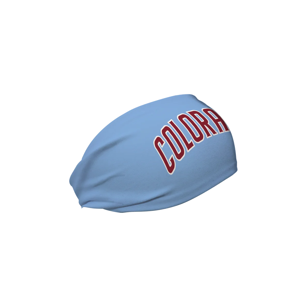 Right view of Light Blue cooling headband with text COLORADO in burgundy with white trim