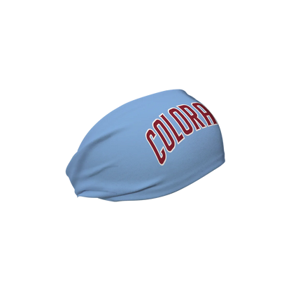 Right view of Light Blue cooling headband with text COLORADO in burgundy with white trim
