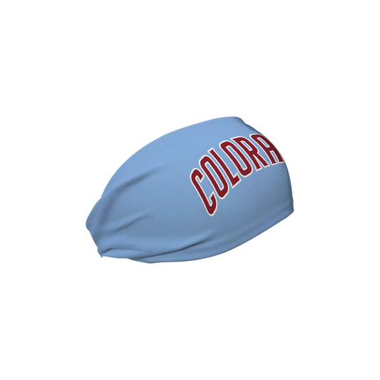 Right view of Light Blue cooling headband with text COLORADO in burgundy with white trim