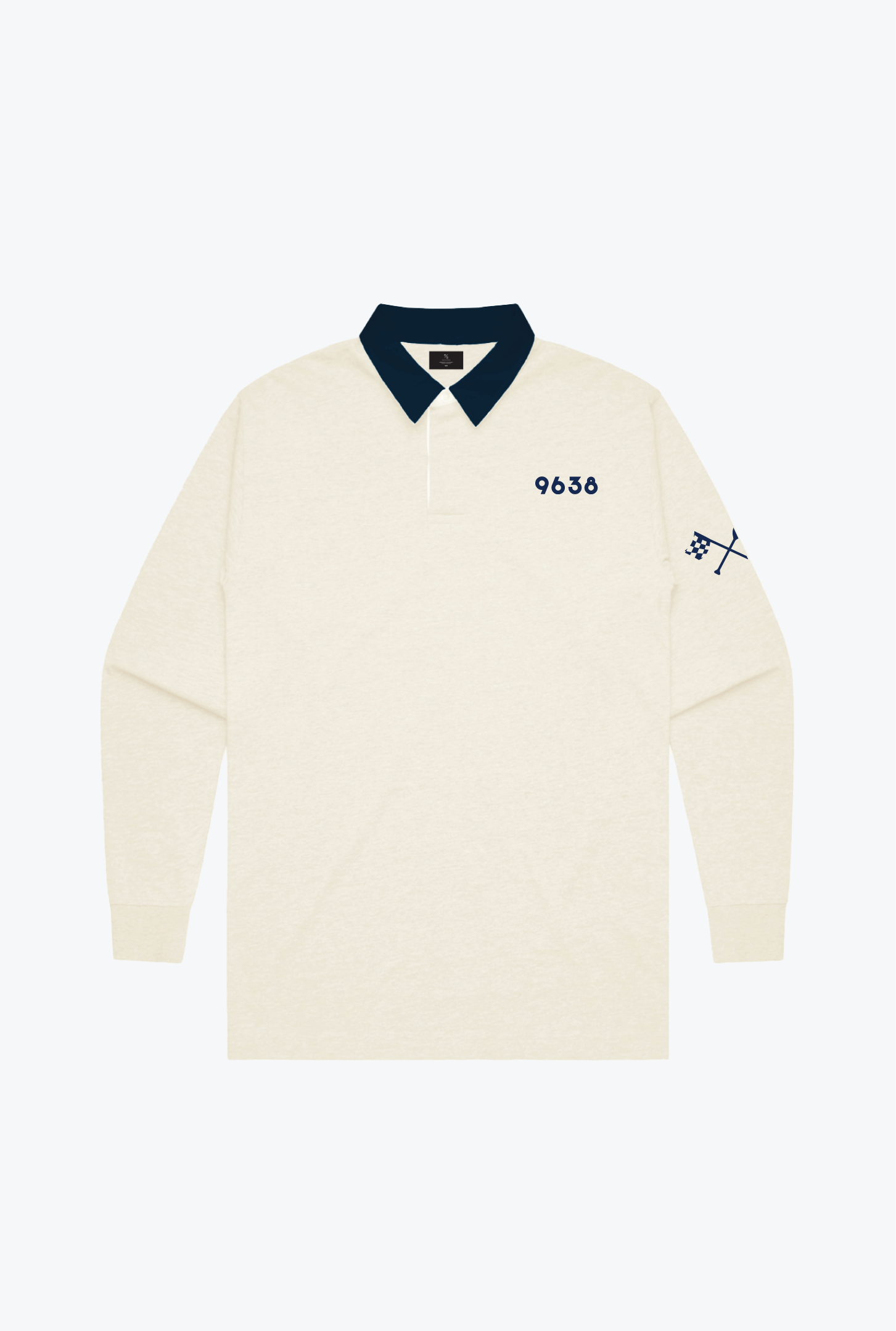 9638 Peace Collective Ivory Polo with navy collar, navy text "9638"