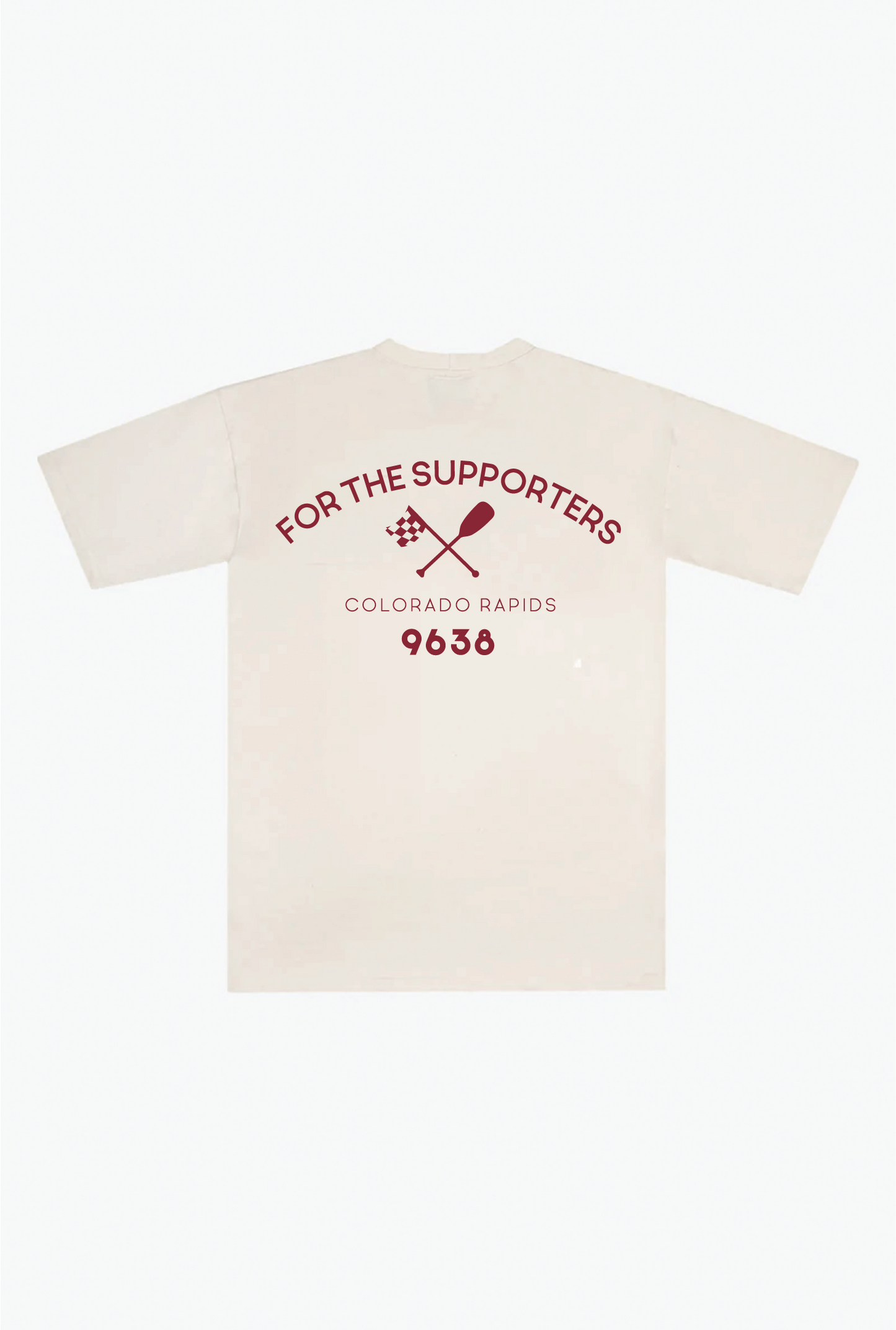 Back of ivory short sleeve with burgundy print "FOR THE SUPPORTERS, COLORADO RAPIDS 9638"