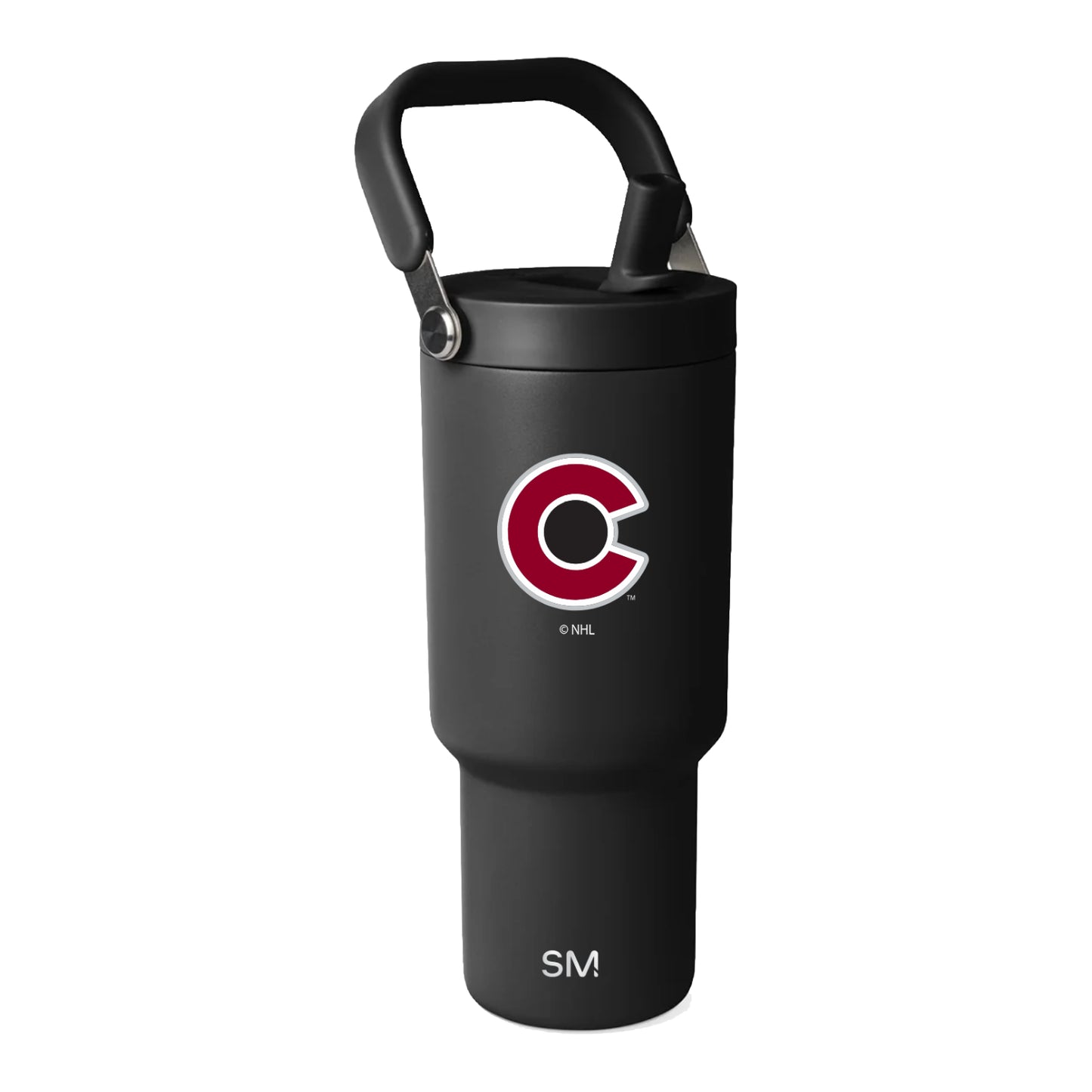 Black insulated tumbler with a Colorado Avalanche logo on a white background