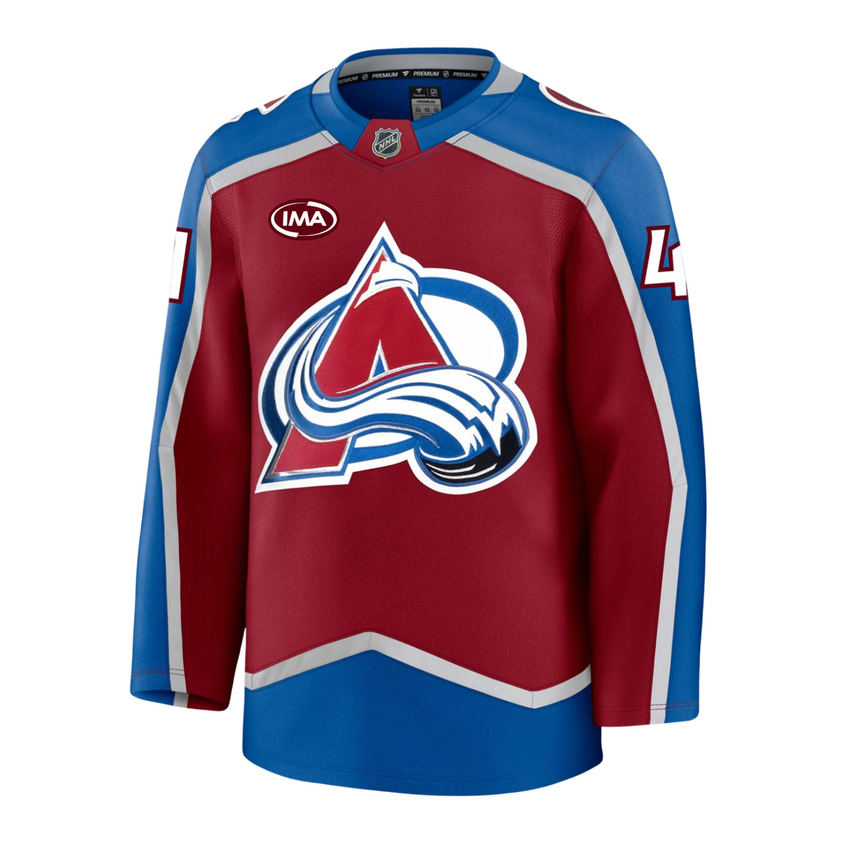 Front view of a home Colorado Avalanche hockey jersey in burgundy and blue with  silver accents, featuring the primary A-logo on the front, an burgundy and white IMA sponsorship patch on the chest, and the number 41 on the sleeves.