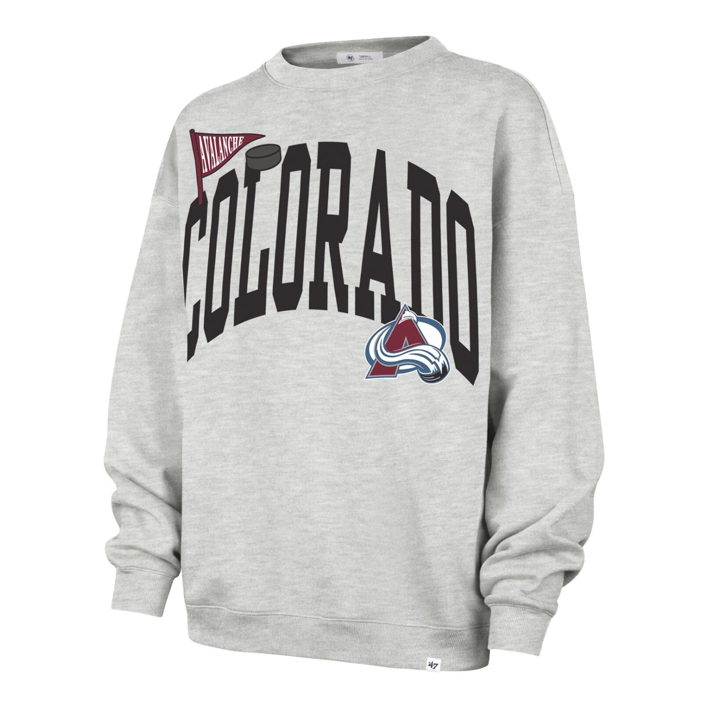 A heather gray crewneck sweatshirt featuring a black arched 'COLORADO' graphic across the chest, a red and black 'Buckeye' pennant on the upper left, and the Colorado Avalanche NHL team logo on the lower right.
