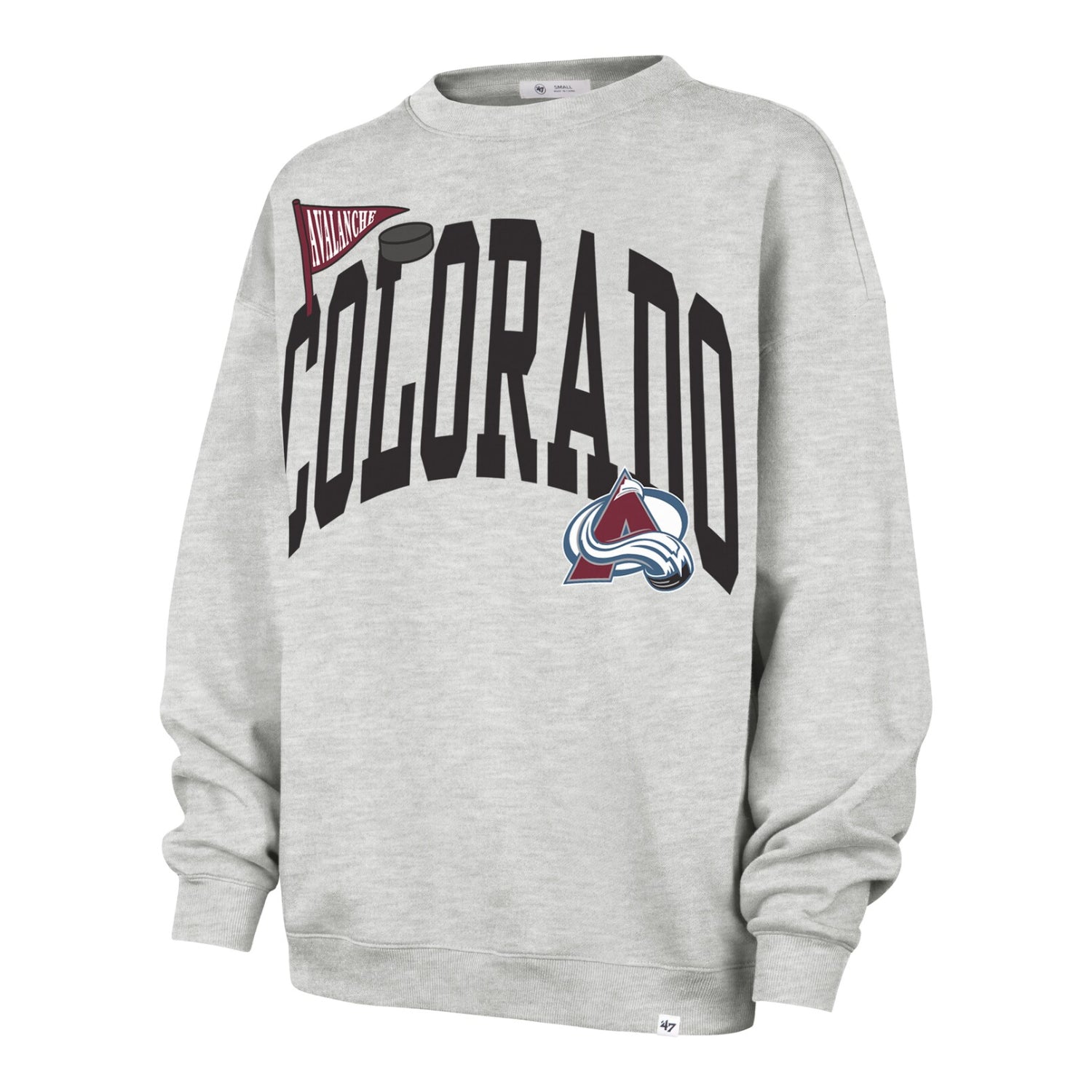 A heather gray crewneck sweatshirt featuring a black arched 'COLORADO' graphic across the chest, a red and black 'Buckeye' pennant on the upper left, and the Colorado Avalanche NHL team logo on the lower right.