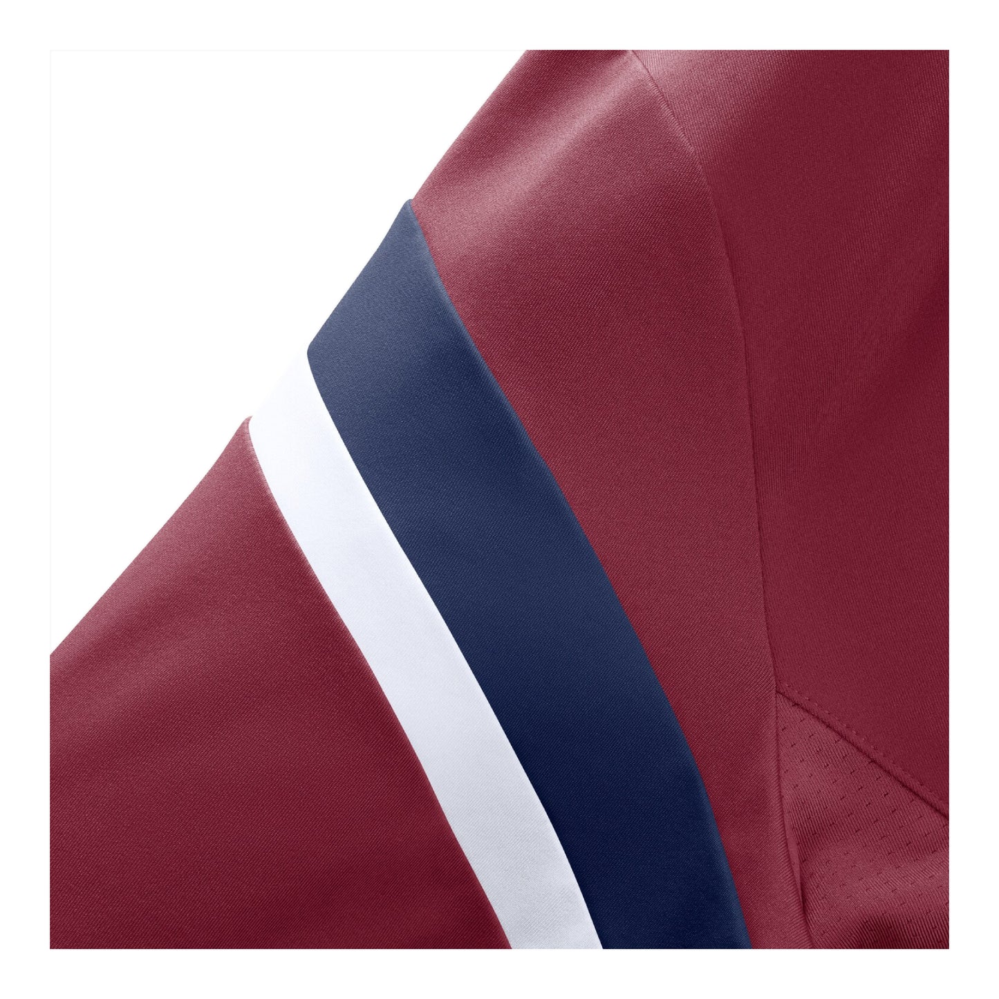 Close-up of a burgundy t-shirt sleeve featuring a diagonal navy blue stripe bordered by a white stripe.