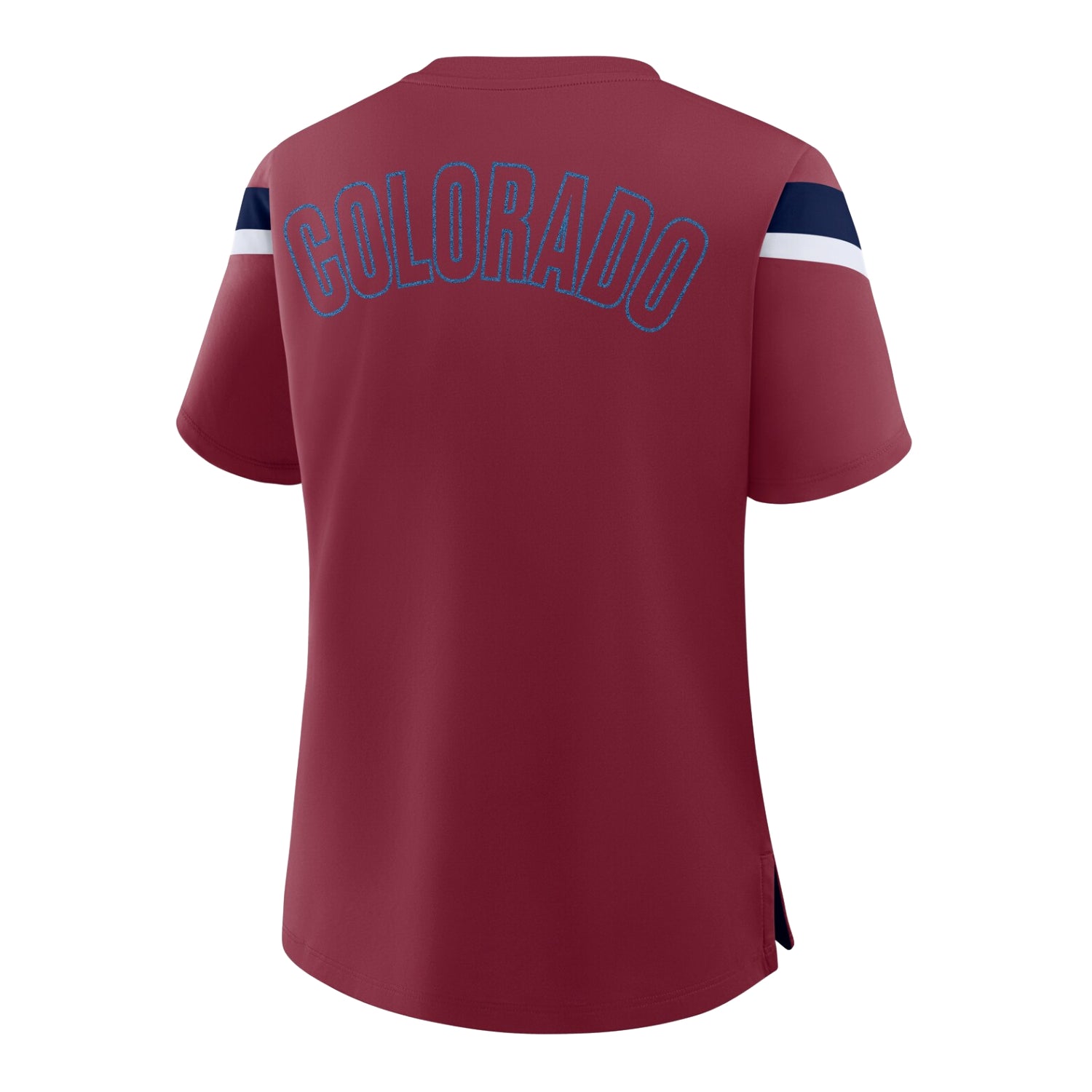 A burgundy short-sleeve athletic jersey shown from the back, featuring 'COLORADO' arched in blue outline lettering across the upper back and navy and white sleeve stripes.