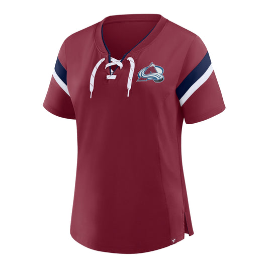 A women's short-sleeve burgundyhockey-style V-neck jersey with white lace-up neck detail, navy and white sleeve stripes, and a Colorado Avalanche logo on the left chest, shown on a plain white background.