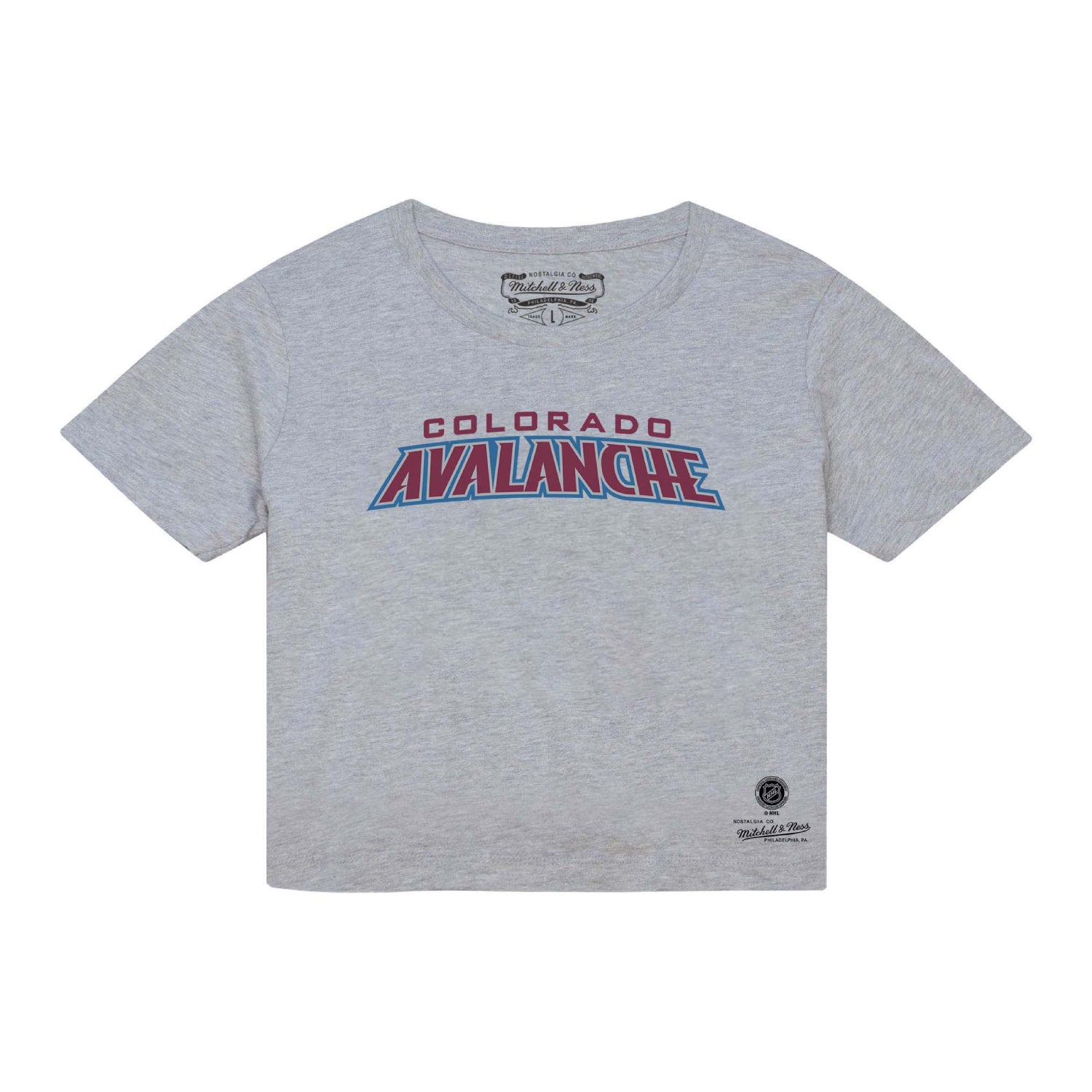 A heather gray short-sleeve t-shirt featuring the Colorado Avalanche NHL team logo printed across the chest, displayed flat against a white background.