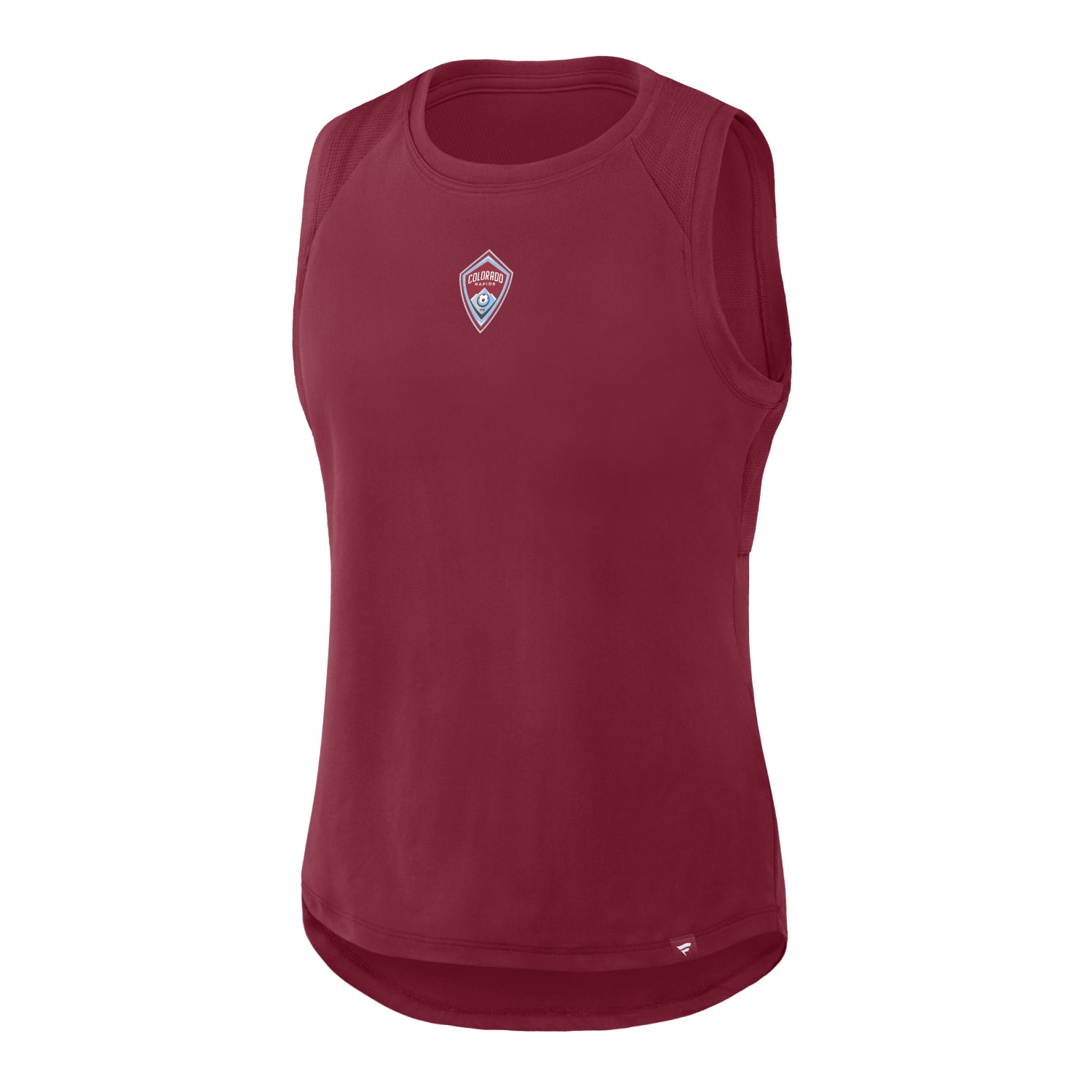 A sleeveless tank top in burgundy, featuring a small Colorado Rapids crest on the left chest and a small white Fanatics  logo near the bottom hem, displayed on a clean white background.