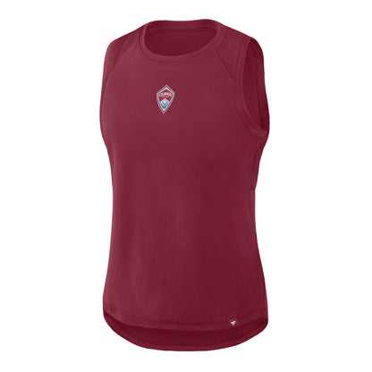 A sleeveless tank top in burgundy, featuring a small Colorado Rapids crest on the left chest and a small white Fanatics  logo near the bottom hem, displayed on a clean white background.