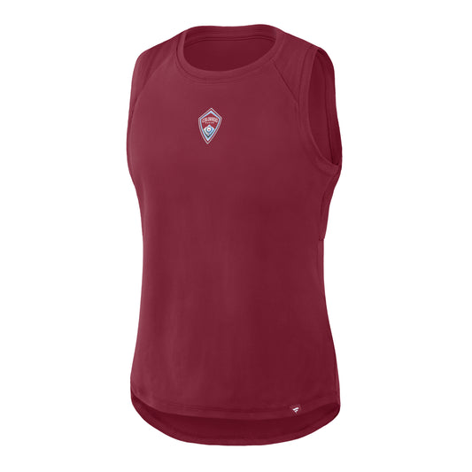 A sleeveless tank top in burgundy, featuring a small Colorado Rapids crest on the left chest and a small white Fanatics  logo near the bottom hem, displayed on a clean white background.
