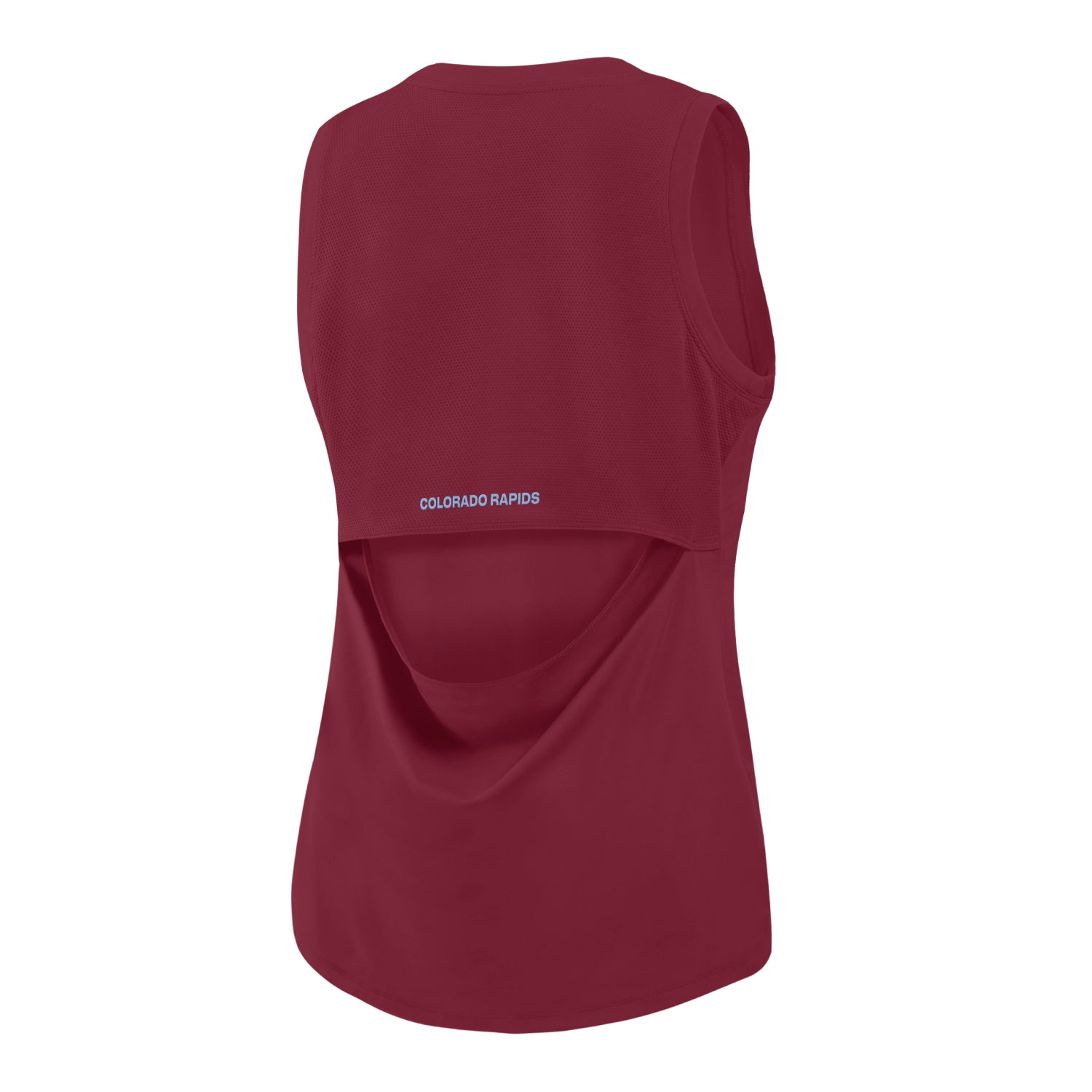 A burgundy sleeveless tank top shown from the back, featuring a small light blue COLORADO RAPIDS wordmark logo printed on the upper back, set against a plain white background.