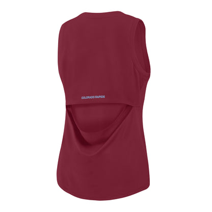 A burgundy sleeveless tank top shown from the back, featuring a small light blue COLORADO RAPIDS wordmark logo printed on the upper back, set against a plain white background.