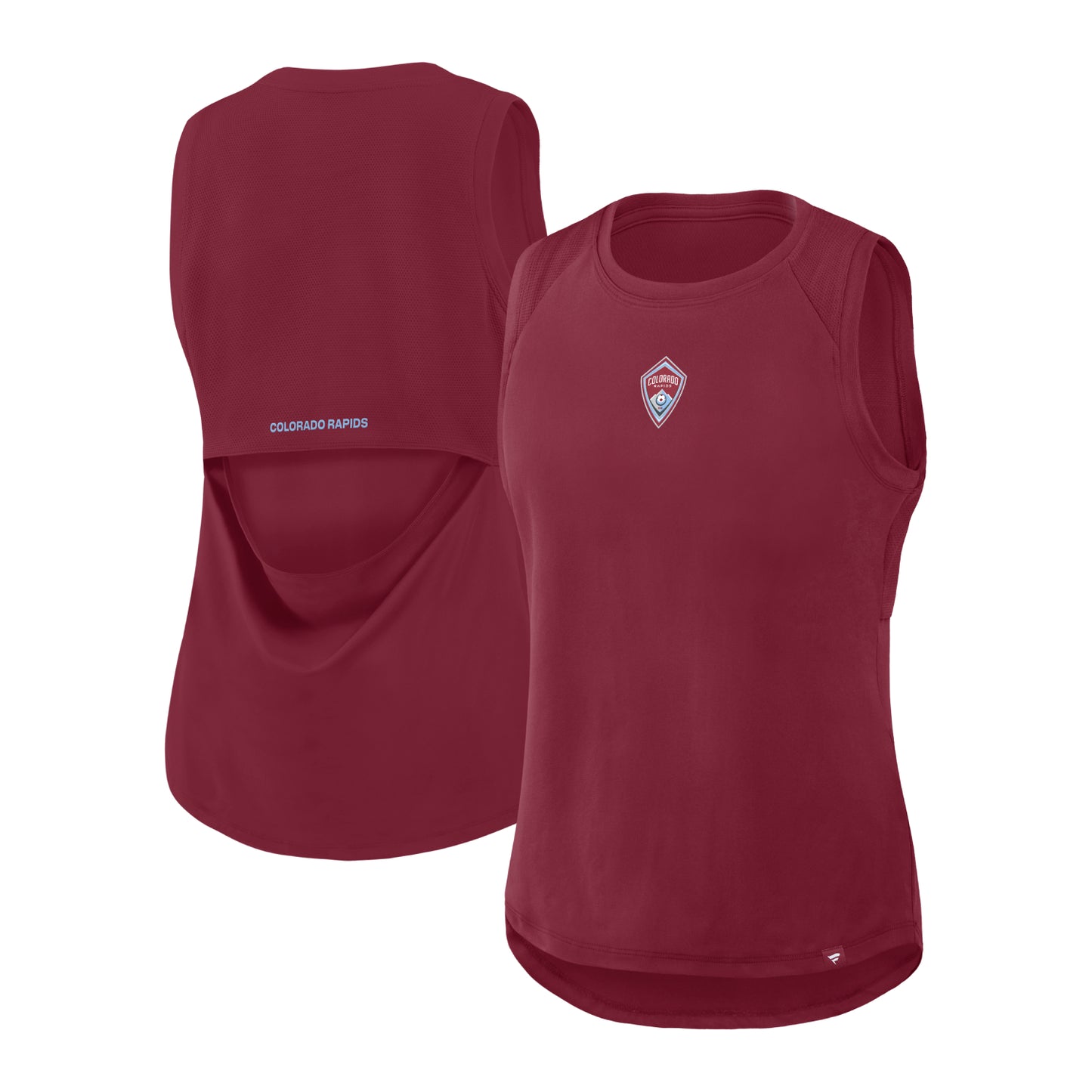 A burgundy Colorado Rapids sleeveless tank top shown from both front and back views against a plain white background.
