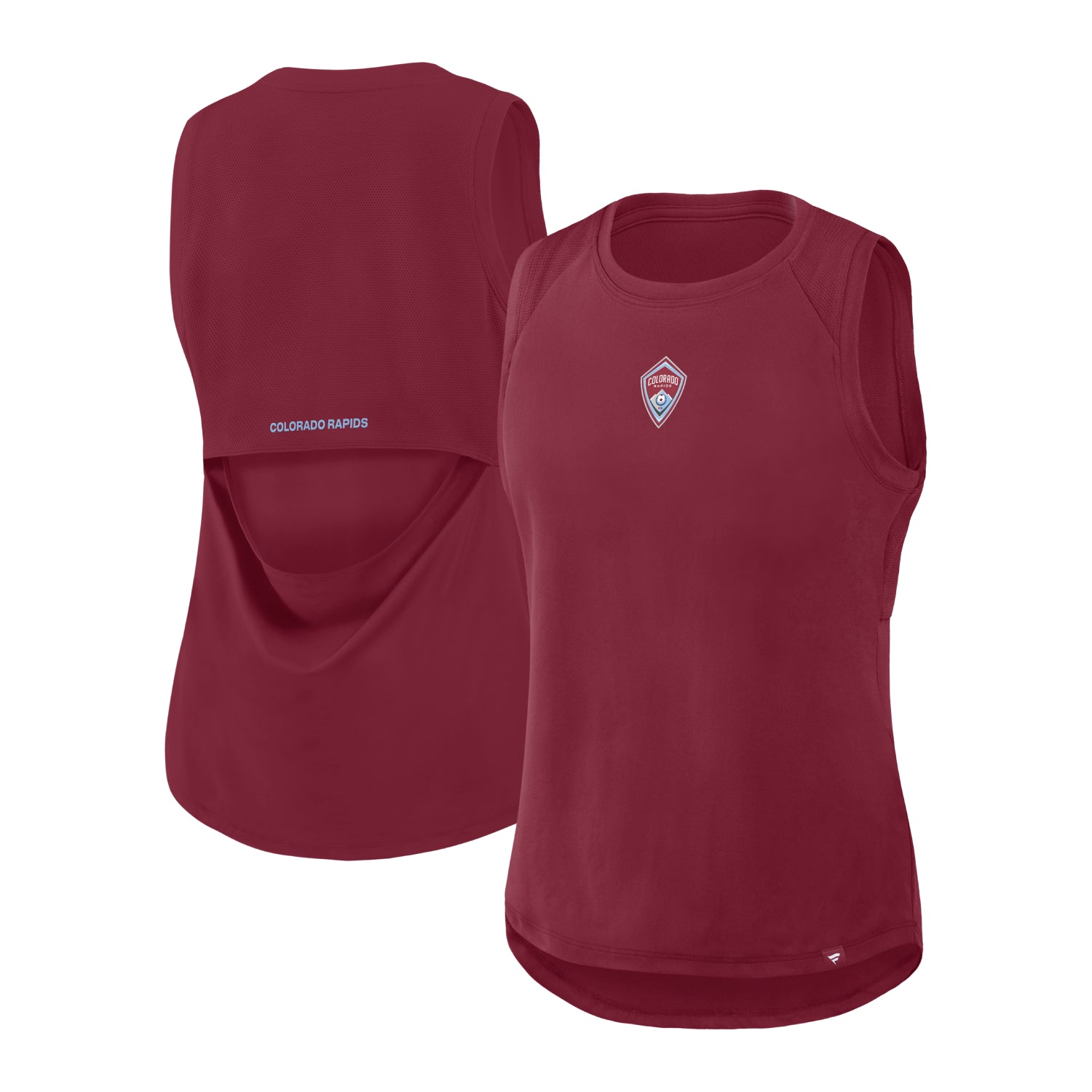 A burgundy Colorado Rapids sleeveless tank top shown from both front and back views against a plain white background.