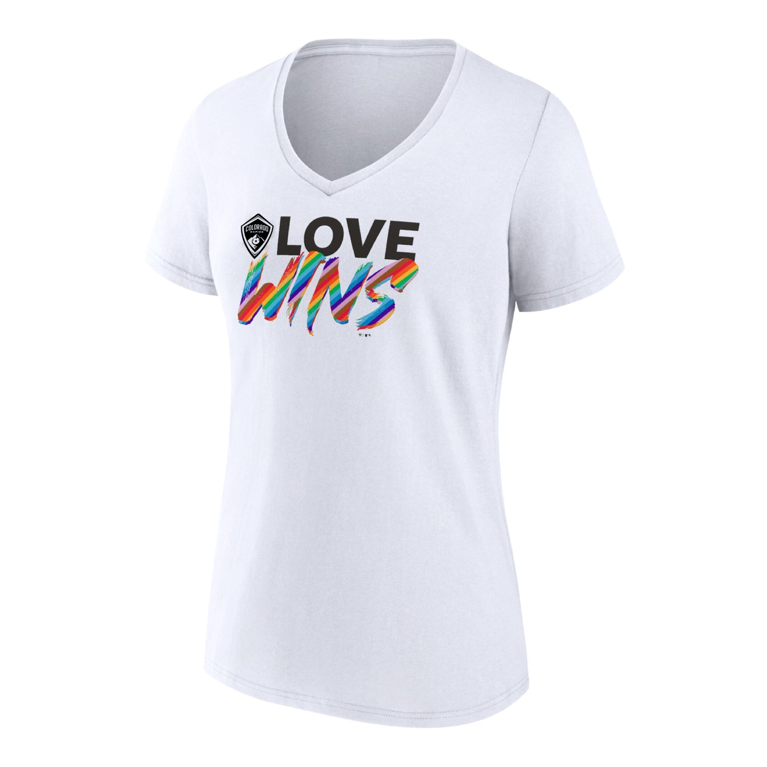 Front view of a white t-shirt, with the text LOVE WINS, Love being in black and WINS in a rainbow color 