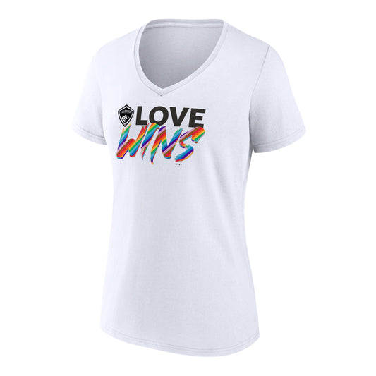 Front view of a white t-shirt, with the text LOVE WINS, Love being in black and WINS in a rainbow color 