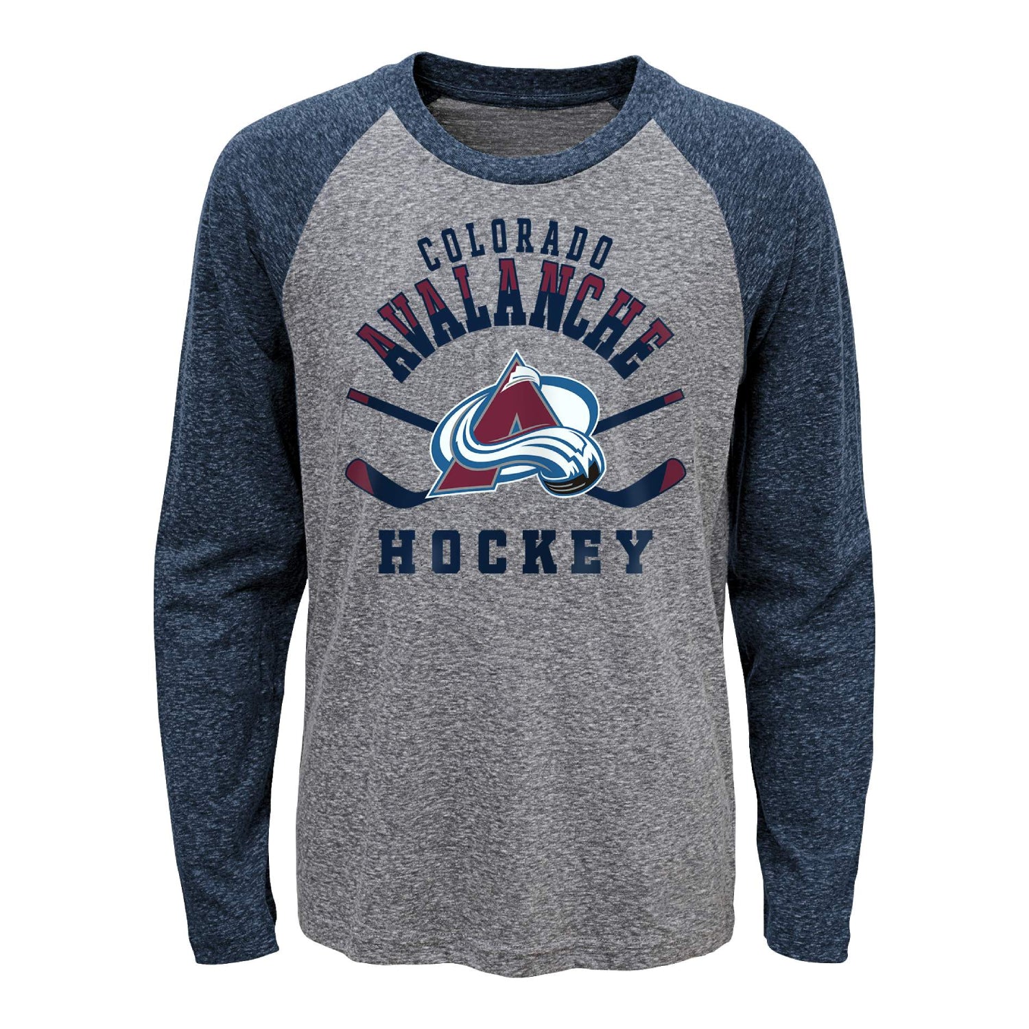 A long-sleeve raglan t-shirt featuring the Colorado Avalanche Hockey graphic on the front. The shirt has a heather gray body and navy blue sleeves, with the team logo and text printed in navy, burgundy, and white.