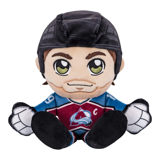 This plush toy is of retired Colorado Avalanche player Joe Sakic. The Helmet, the gloves and feet are black, with the figure of Joe Sakic wearing the Colorado Avalanche Burgundy and Blue Jersey. There is an Avs logo on the front middle of the jersey with the "C" patch to signify his captaincy during his time in Colorado. On the back it has his name "Sakic" with his number "19" right below it.